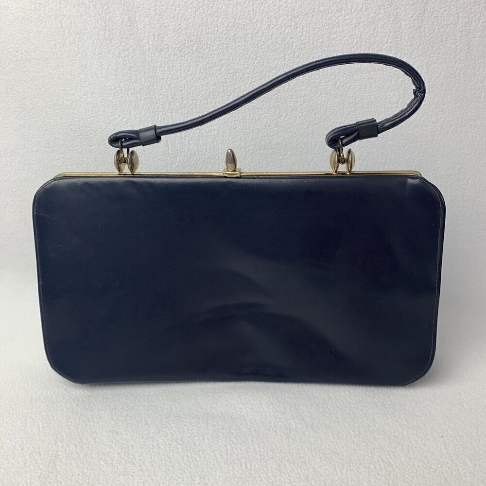 Vintage 1960's Faux Leather Navy Blue Structured Handbag Purse